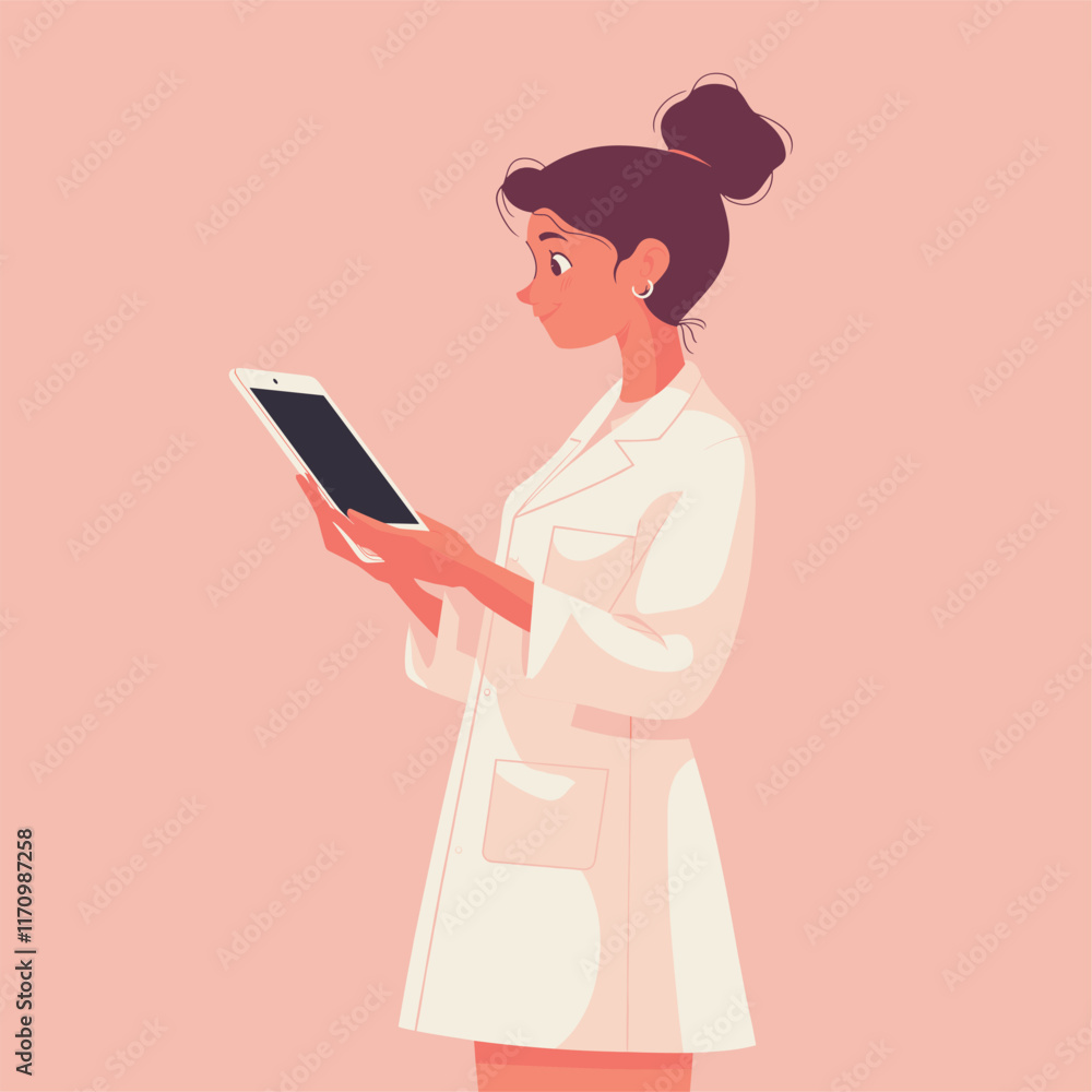 Fototapeta premium Illustration of a girl in a lab coat holding a tablet.