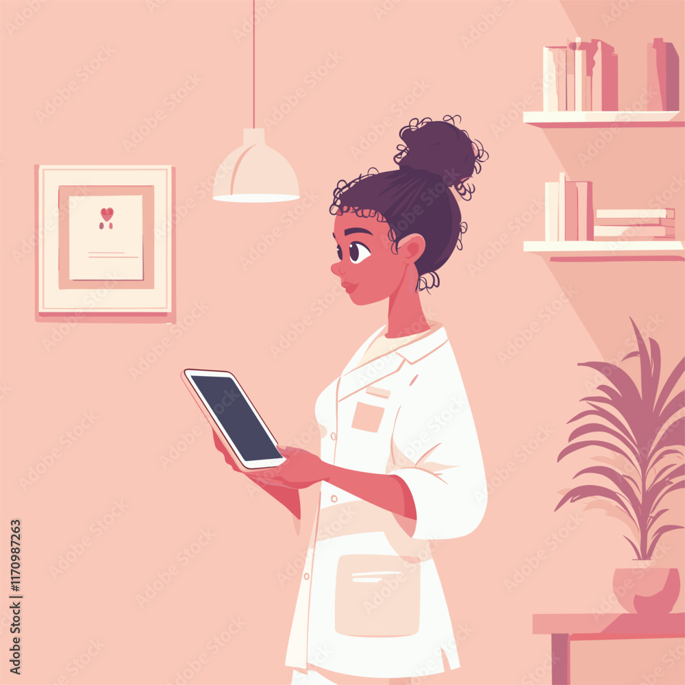 Illustration of a girl in a lab coat holding a tablet.