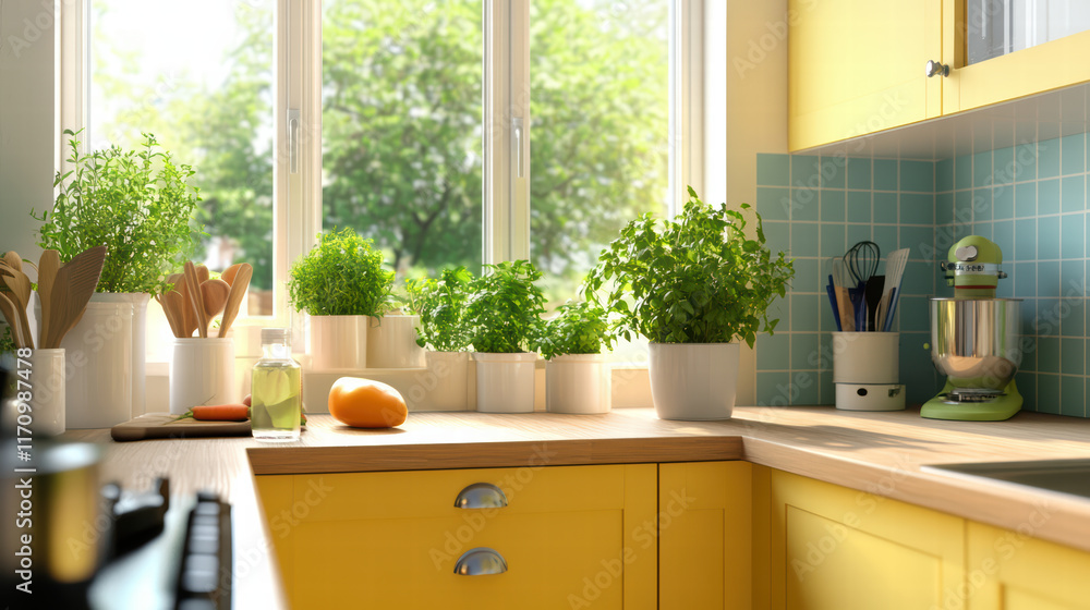 Fototapeta premium Bright kitchen with cheerful color palette, fresh herbs, and natural light creating vibrant atmosphere. Perfect for cooking and enjoying lively space