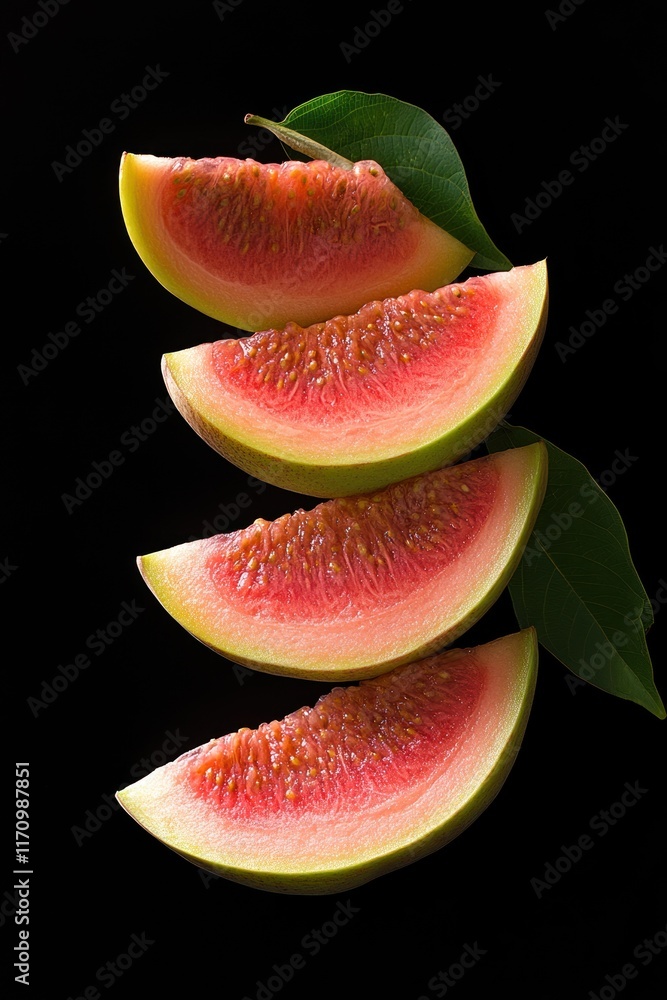Five juicy, pink fig slices with green leaves, isolated on black background. Five juicy, pink fig slices with green leaves, isolated on black background.