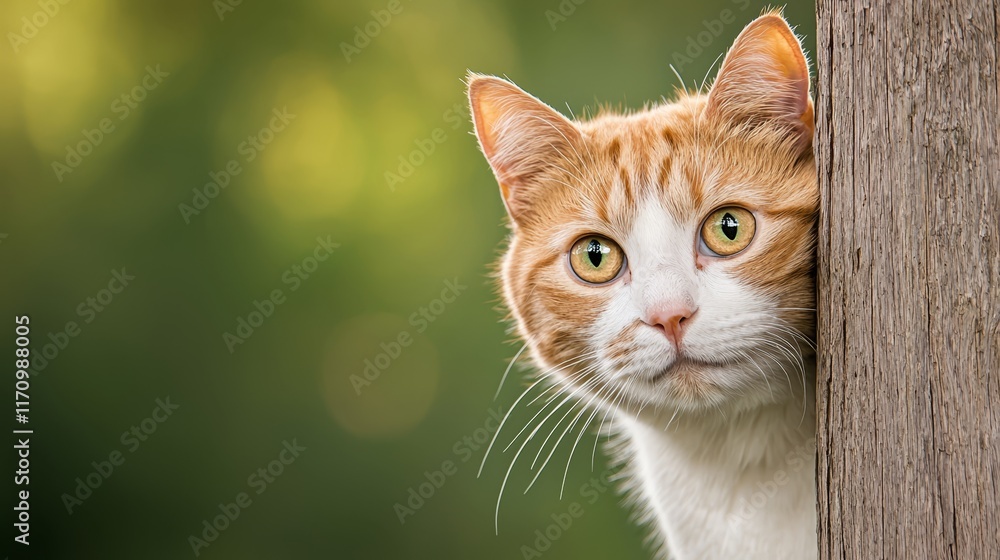 Fototapeta premium An orange and white cat peeking out from behind a wooden fence