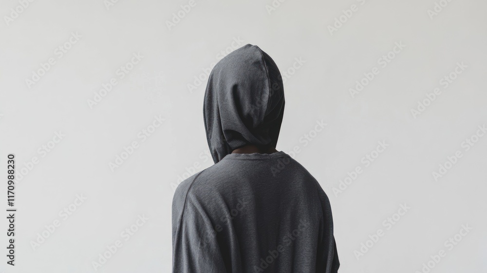 Rear view of person wearing a dark grey hoodie against a white background. Rear view of person wearing a dark grey hoodie against a white background.