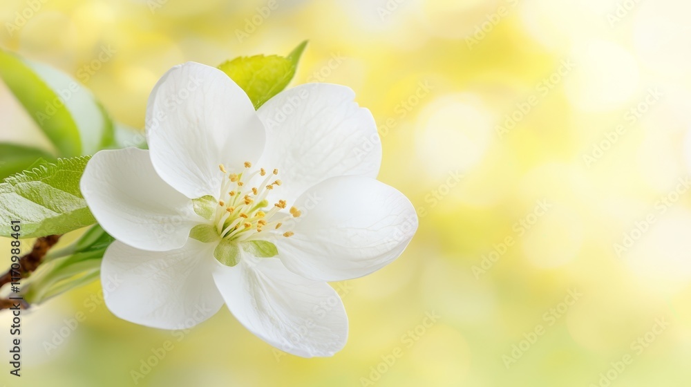 Fototapeta premium A white flower on a tree branch with green leaves