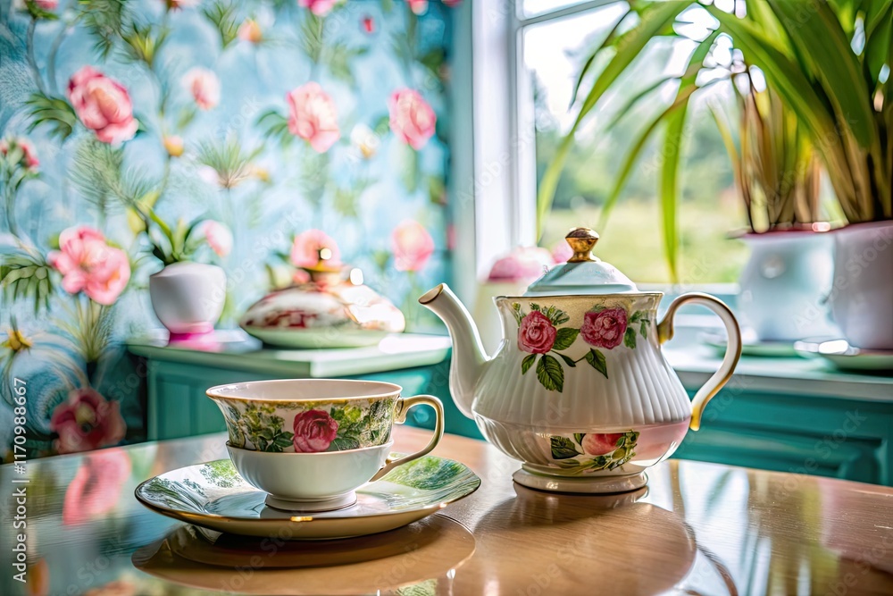 Fototapeta premium A kitsch-filled retro afternoon tea party, captured with high depth of field, showcasing whimsical wallpaper, teapot, and plates.