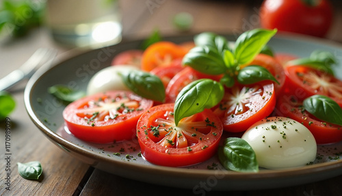 Fresh tomato and mozzarella salad with basil on wooden table