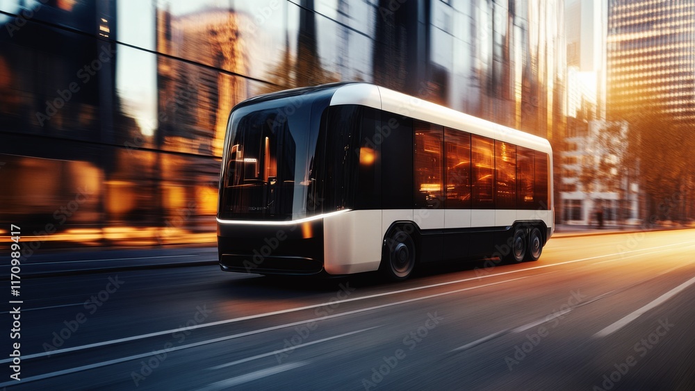 Fototapeta premium futuristic electric truck driving through a modern city at sunset, representing innovation and sustainability in the commercial transport sector