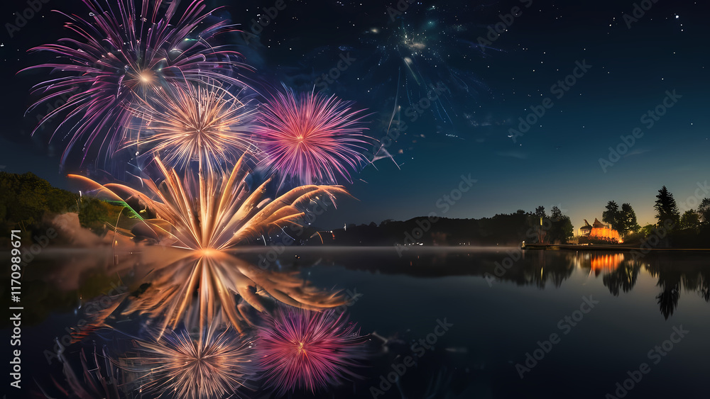 A vibrant and dynamic image of fireworks lighting up the night sky A vibrant and dynamic image of fireworks lighting up the night sky