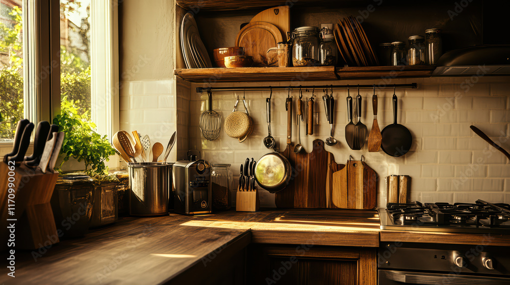 Chic kitchen with mix of textures, stylish equipment, and natural light. wooden shelves display utensils, jars, and plants, creating warm and inviting atmosphere Chic kitchen with mix of textures, stylish equipment, and natural light. wooden shelves display utensils, jars, and plants, creating warm and inviting atmosphere
