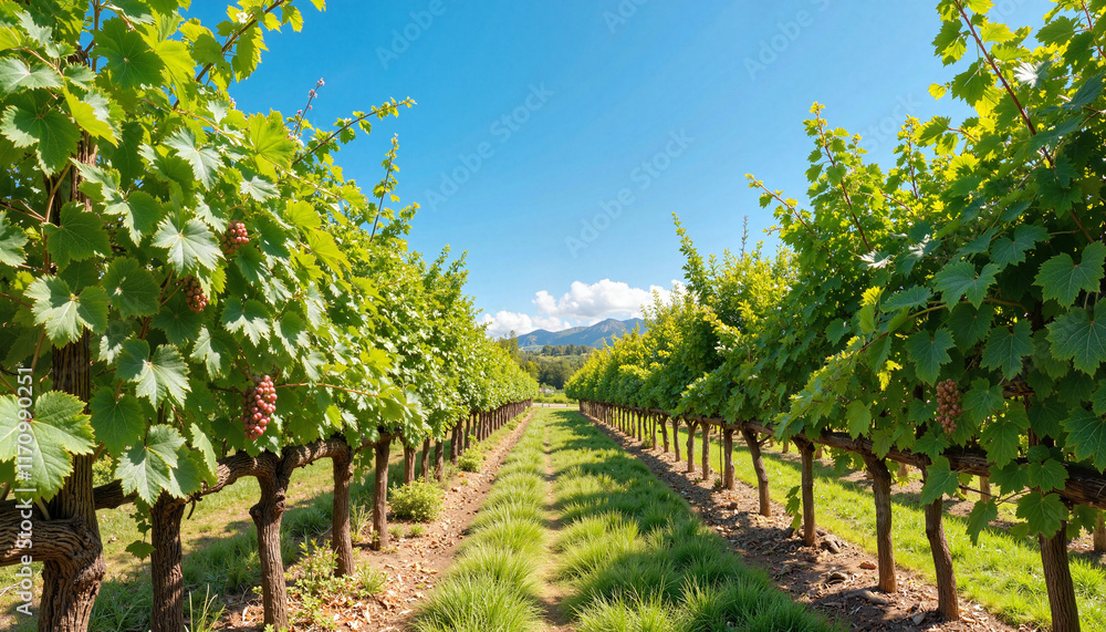 Lush grape vines thriving in rural vineyard under clear blue sky Lush grape vines thriving in rural vineyard under clear blue sky