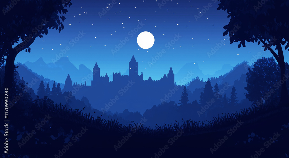 Naklejka premium Castle Silhouette Under Full Moon Night In Mystical Forest
