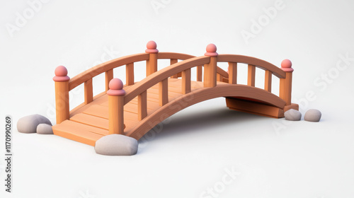 wooden bridge with curved design, featuring pink accents and stones. This charming structure adds whimsical touch to any landscape or garden scene