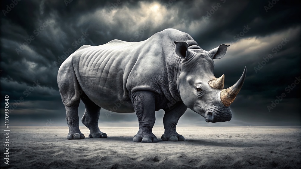 Fototapeta premium Majestic Rhino in Dramatic Black and White: Powerful Wildlife Photography