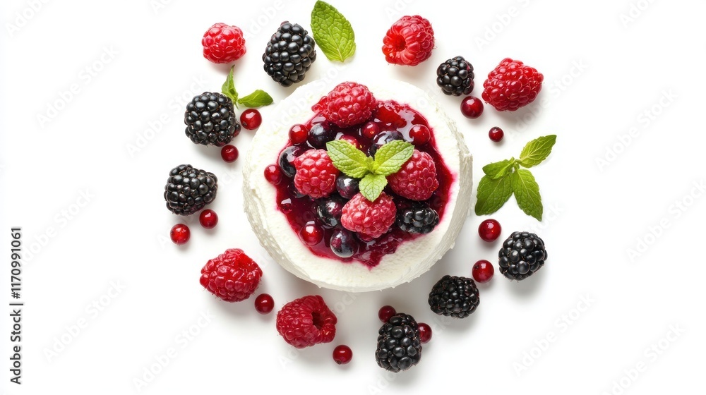 Creamy dessert topped with raspberry and blackberry sauce and fresh berries. Creamy dessert topped with raspberry and blackberry sauce and fresh berries.