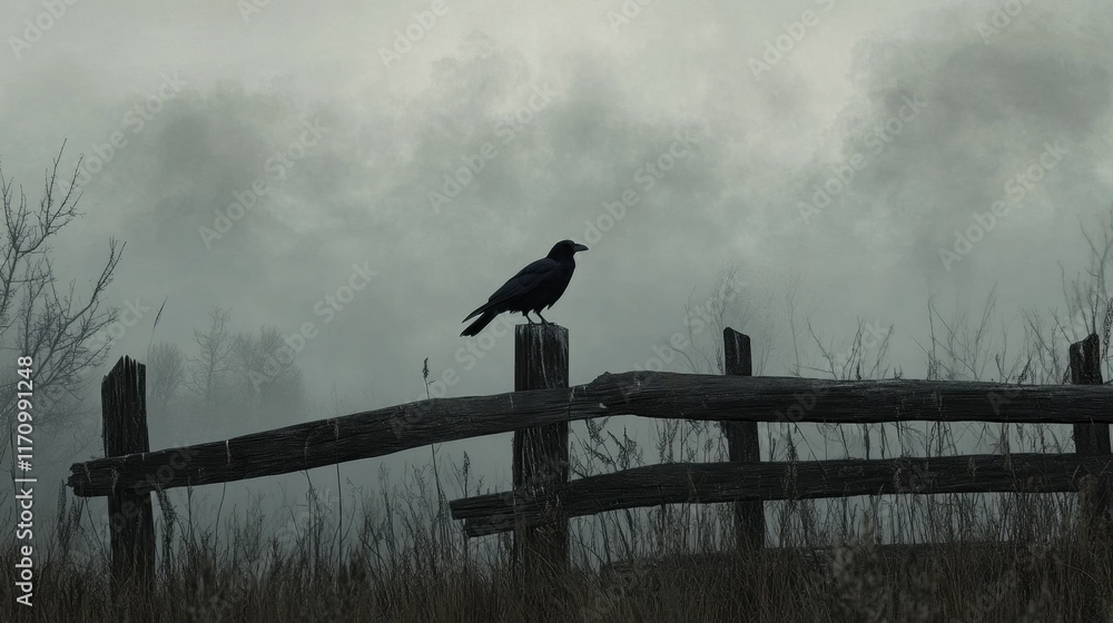 Dark Forest Landscape with Raven on Wooden Fence at Dawn Dark Forest Landscape with Raven on Wooden Fence at Dawn