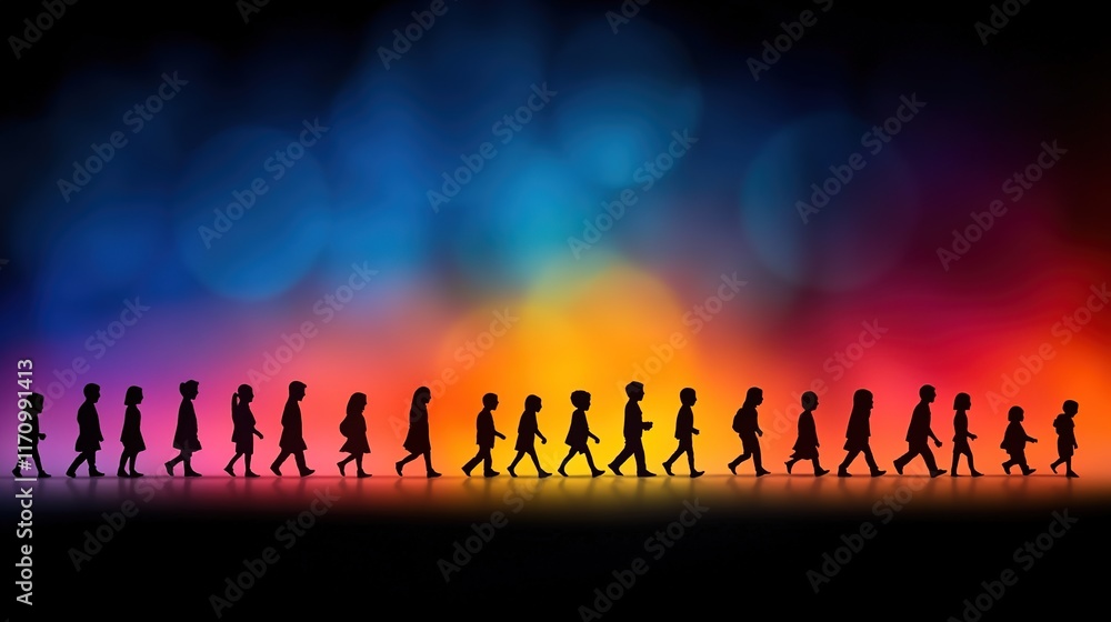 Fototapeta premium Silhouettes of Diverse People Walking Against Colorful Background
