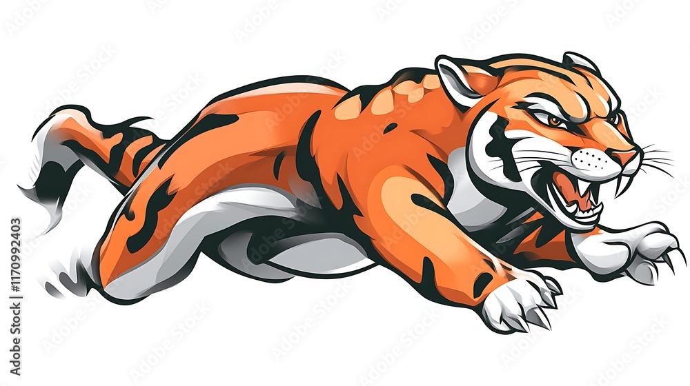 A fierce orange tiger leaps powerfully across a white background