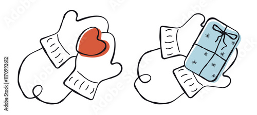 The concept of a gift in the hand with a bow. a joyful winter illustration in the style of hand drawing. an isolated element on a white background. for print, postcards, paper, social networks. vector