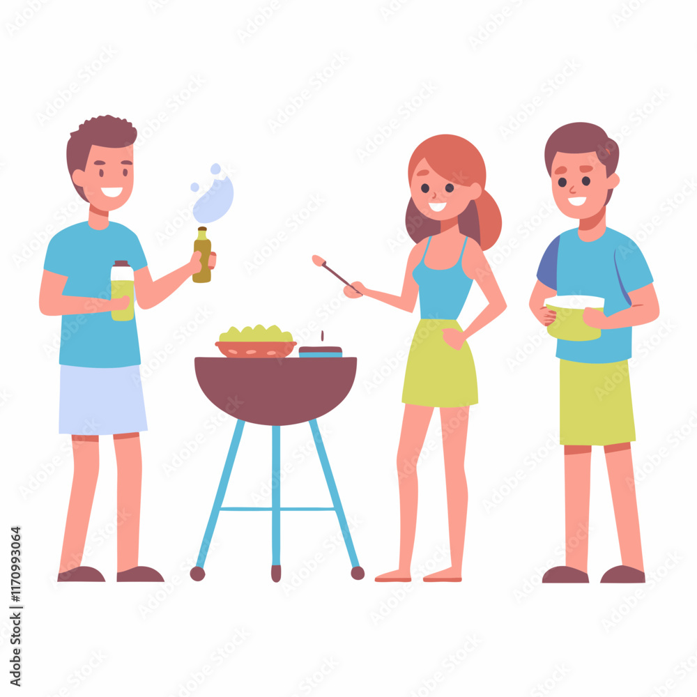 Group of friends having a barbecue party in a cheerful illustration with colorful attire Group of friends having a barbecue party in a cheerful illustration with colorful attire