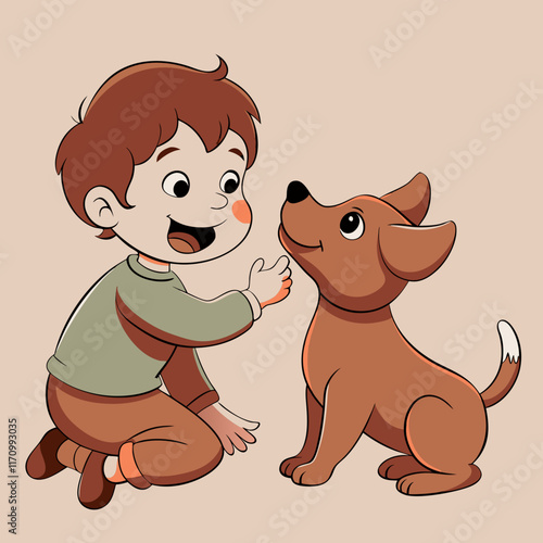 Cheerful child playing with a dog in a cute cartoon style on a soft beige background
