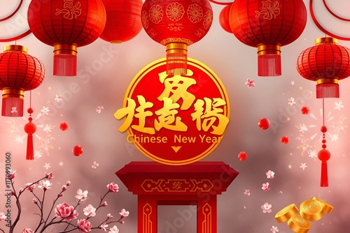 Chinese New Year Banner with Red Lanterns, Dragon Decorations, and Beautifully Crafted Lunar New Year Symbols for Traditional Holiday Festivities