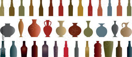 Bottles and vases silhouettes collection in various colors. bottle and vase vector illustration featuring pottery, glass, and clay shapes