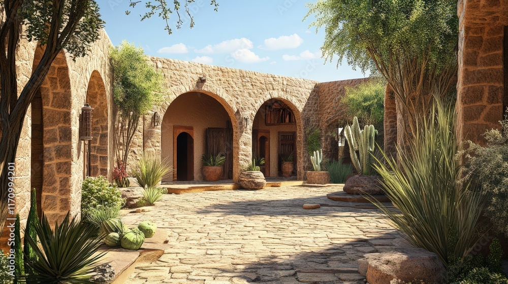 Obraz premium Desert Courtyard Stone Architecture Oasis Garden