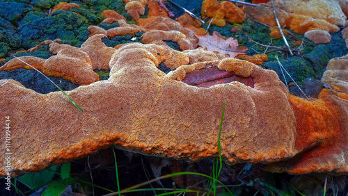 Phellinus robustus - saprophytic wood fungus on an old oak tree stump in a garden, Odessa photo