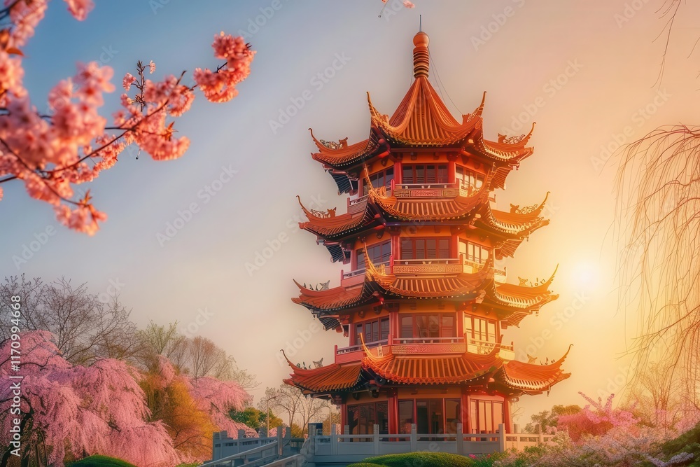 A vibrant pagoda surrounded by cherry blossoms at sunset, showcasing serene architecture. A vibrant pagoda surrounded by cherry blossoms at sunset, showcasing serene architecture.
