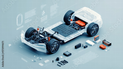 3D electric car assembly steps with detailed components and layout, showcasing battery, chassis, and various parts in clear infographic style