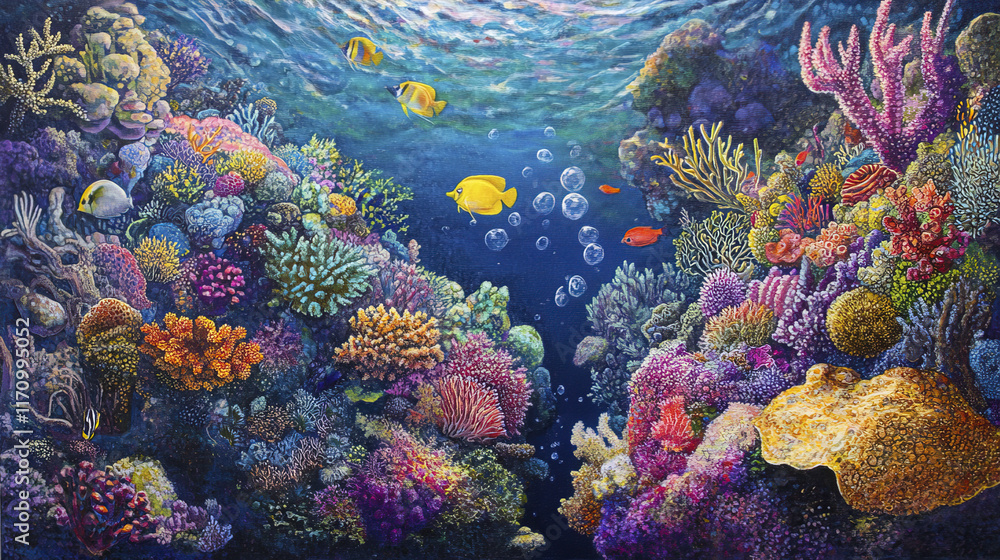 Naklejka premium Colorful coral reef with tropical fish swimming and bubbles rising
