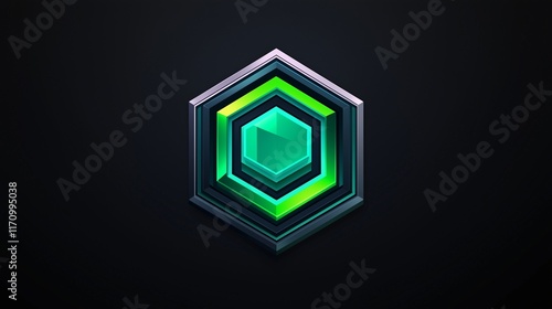A sleek, modern game badge with a symmetrical hexagon in vibrant teal and bright green, set against a solid black background. The vector clarity and high brightness enhance the design's impact.