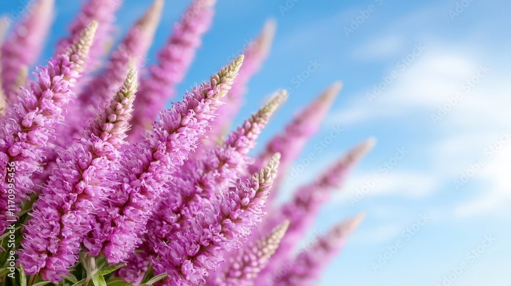 A bunch of purple flowers against a blue sky A bunch of purple flowers against a blue sky