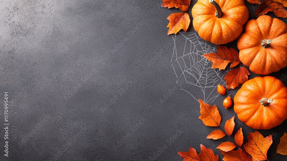 A group of pumpkins and leaves on a dark surface A group of pumpkins and leaves on a dark surface