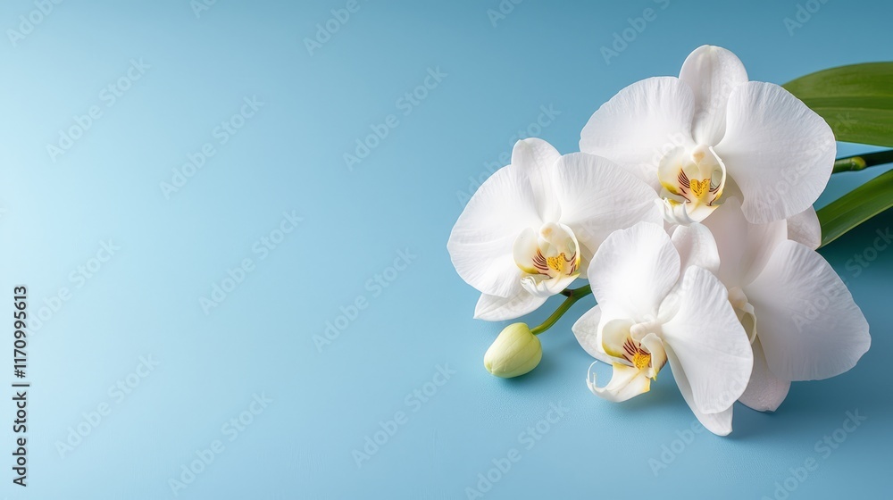 Fototapeta premium A bunch of white orchids on a blue background