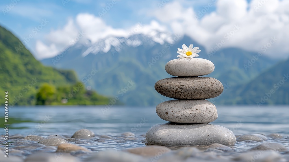 A stack of rocks with a daisy sitting on top of them A stack of rocks with a daisy sitting on top of them