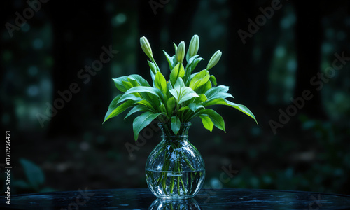 Gladiolus (Gladiolus) tall, trumpet-shaped transparent vase with clear water, holding a dramatic arrangement of gladiolus flowers in fiery orange photo