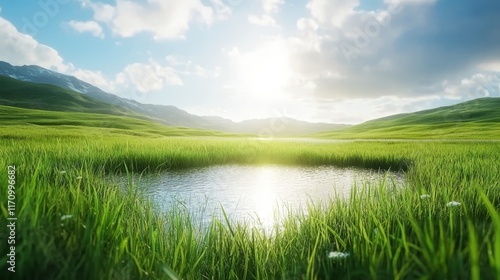 A small pond in the middle of a grassy field with mountains in the background