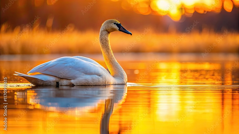 Fototapeta premium A tundra swan's elegant form against a fiery sunset, mirrored in the tranquil lake waters.