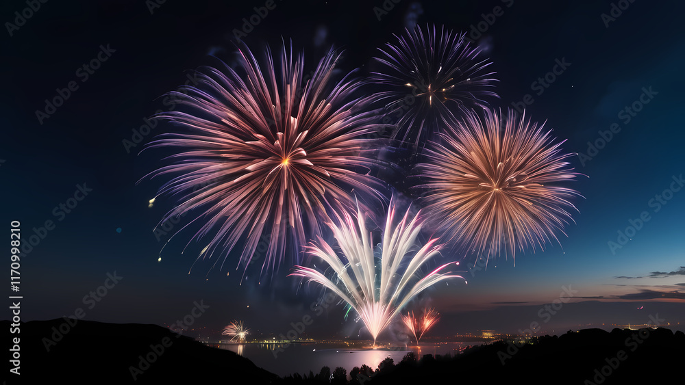 A vibrant and dynamic image of fireworks lighting up the night sky A vibrant and dynamic image of fireworks lighting up the night sky