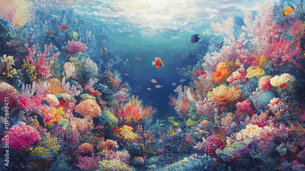 Naklejka premium vibrant coral reef teeming with colorful marine life and corals