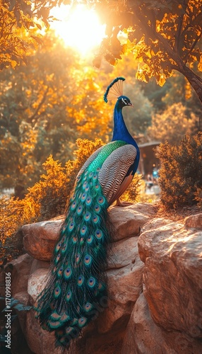 A peacock perched on rocks, illuminated by warm sunlight in a serene natural setting. photo