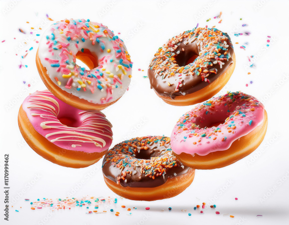 Doughnut covered in sugar and topped with vibrant, colorful sprinkles, isolated on a white background. Doughnut covered in sugar and topped with vibrant, colorful sprinkles, isolated on a white background.