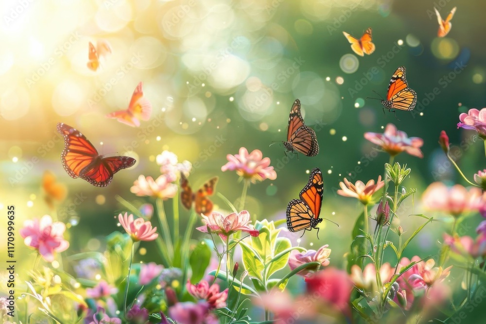 A vibrant scene of butterflies fluttering among colorful flowers in a sunlit garden. A vibrant scene of butterflies fluttering among colorful flowers in a sunlit garden.