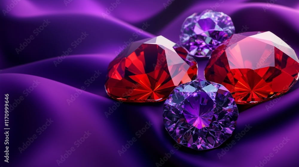A vivid 3D rendering featuring radiant ruby red and amethyst purple jewel tones on a high-contrast purple background. The design highlights the jewel tones with a centered negative space, enhancing A vivid 3D rendering featuring radiant ruby red and amethyst purple jewel tones on a high-contrast purple background. The design highlights the jewel tones with a centered negative space, enhancing