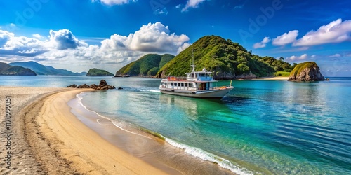 Shikinejima Island: Ferry Departing Nakanoura Beach, Calm Sea, Scenic Landscape photo