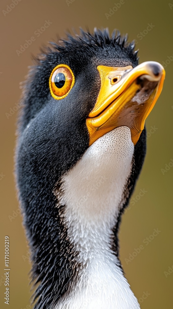 Naklejka premium A close up of a penguin's head with a yellow beak