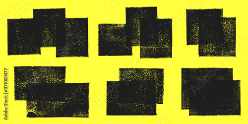 Linocut, relief printing layered squares, rectangles grungy textures vector set. Artistic linocutting text boxes, backgrounds, geometric edge. Paint roller stains collection, textured lino ink remains