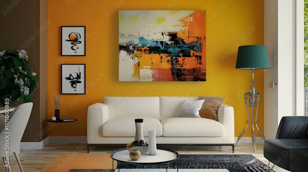Fototapeta premium Modern Living Room with White Sofa, Yellow Wall Art, Orange Abstract Painting