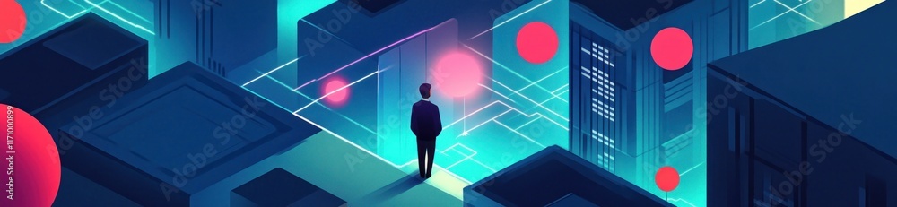Man standing in futuristic city with glowing digital structures and data points. Man standing in futuristic city with glowing digital structures and data points.