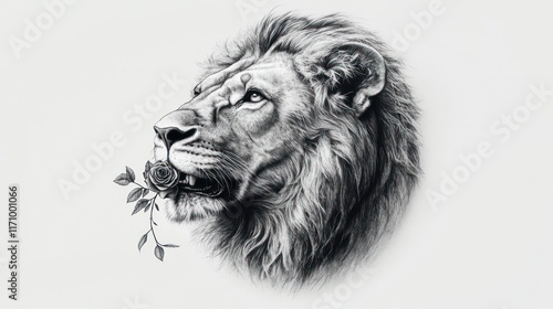 Wallpaper Mural Detailed grayscale portrait of a majestic lion, gazing thoughtfully, with a single rose in its mouth. Torontodigital.ca